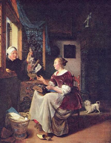 Pieter Cornelisz. van Slingelandt A young lacemaker is interrupted by a birdseller who offers her ware through the window China oil painting art